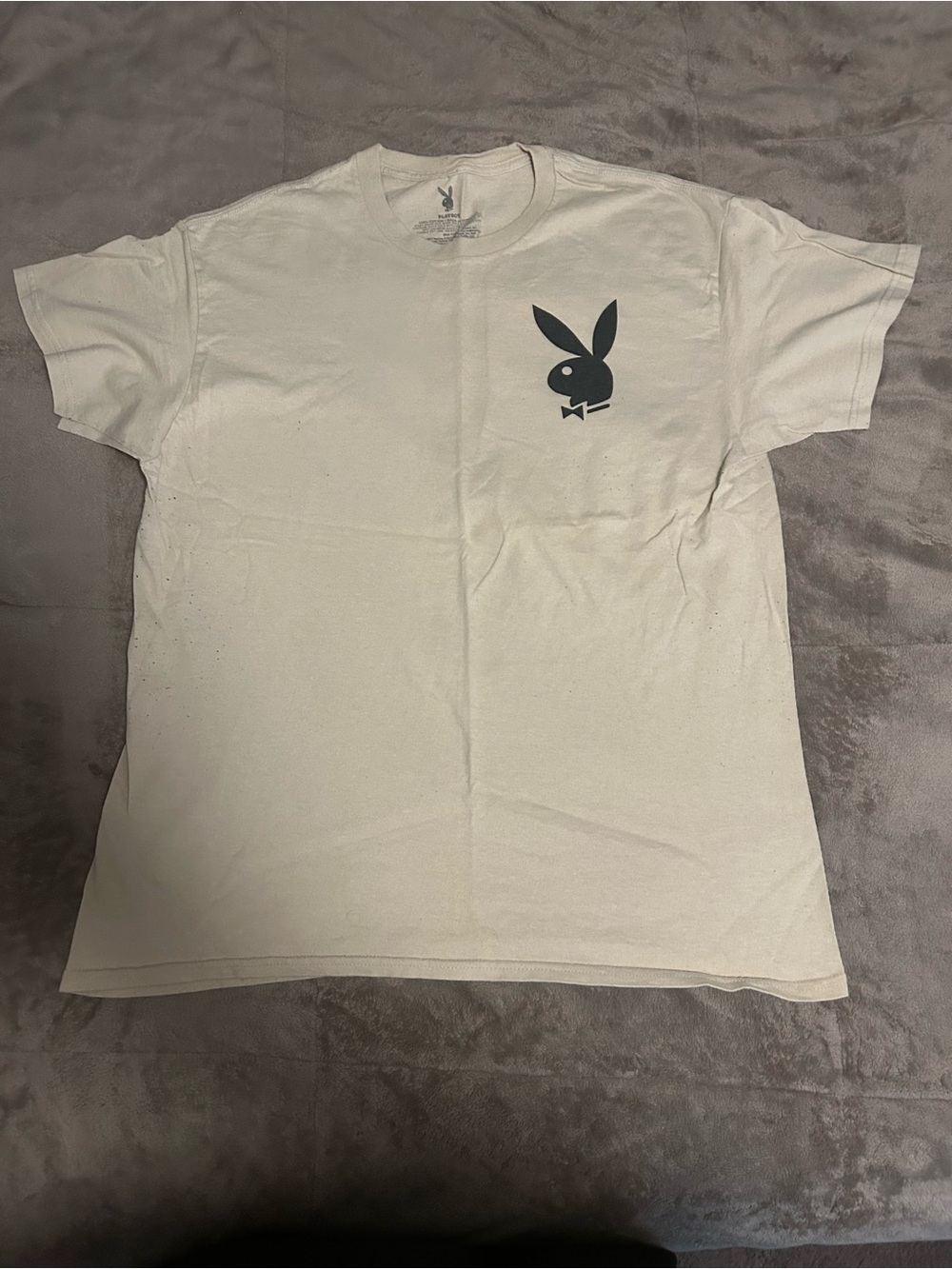 Playboy White Graphic T-Shirt Size Large Black Bunny Logo Front & Back
